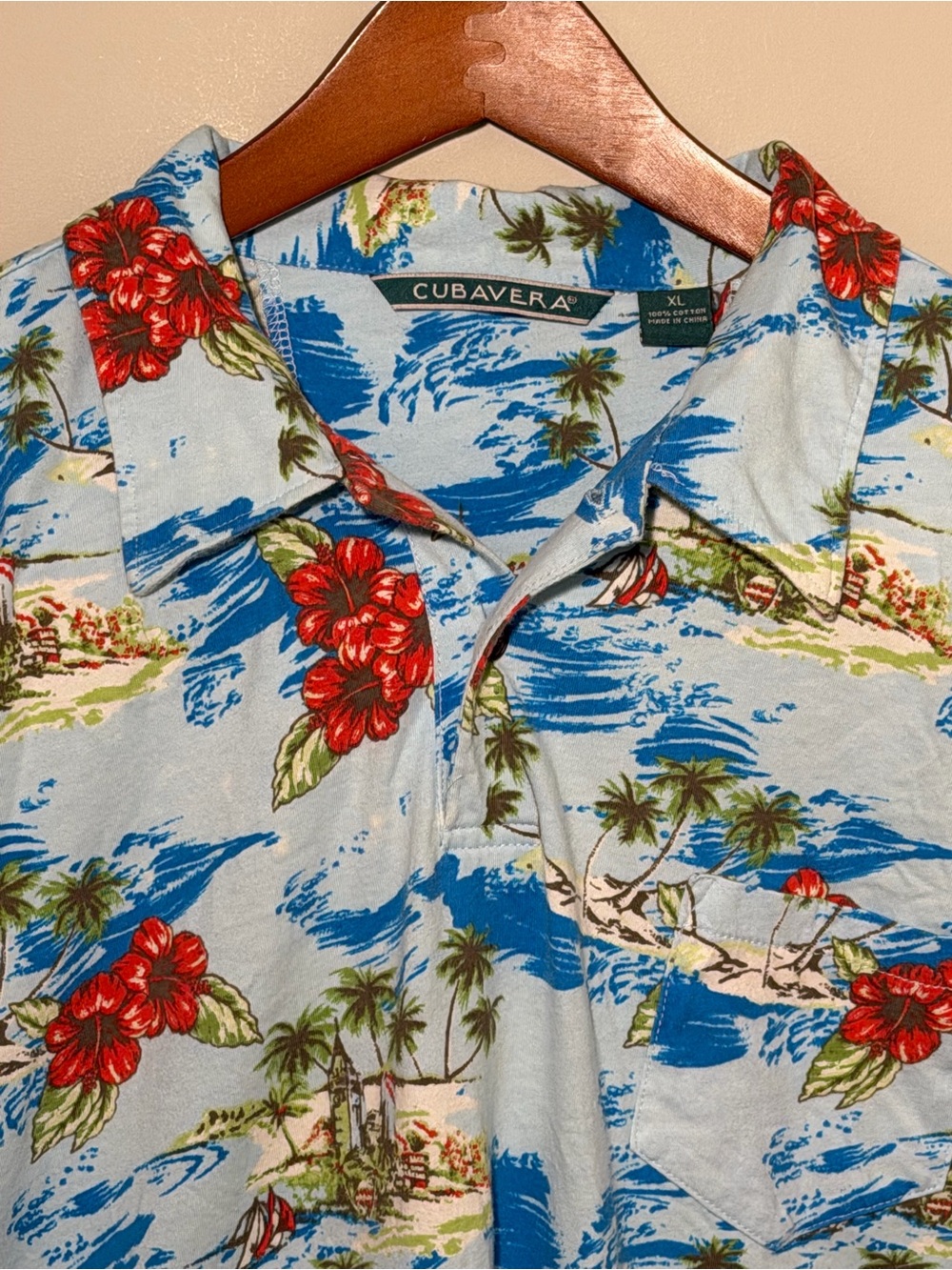 Cubavera Light Blue Tropical Button-Down with Red Floral 100% Soft Cotton